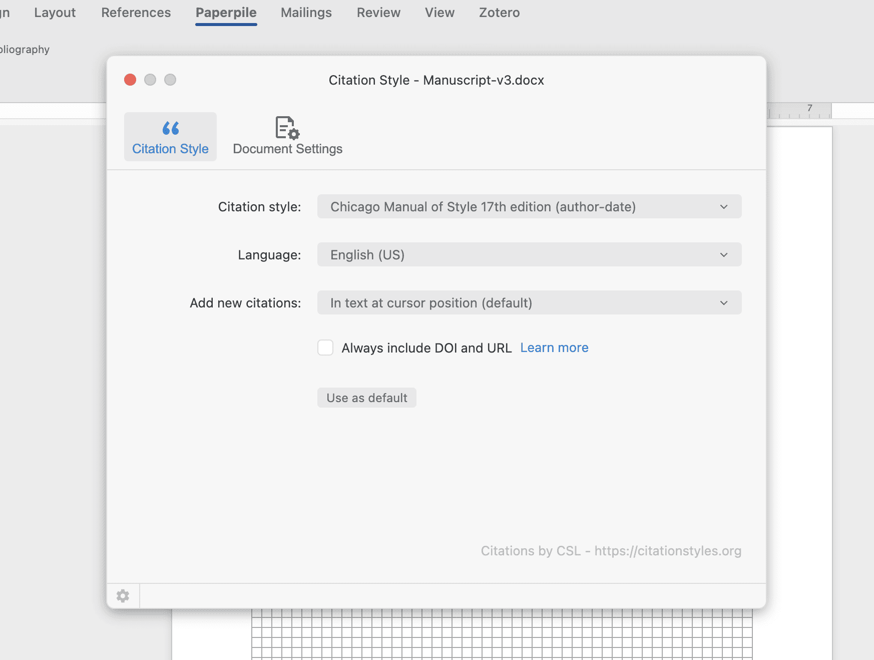The Citation Style window in Microsoft Word with the style set to Chicago Manual of Style 17th edition (author-date), Language English (US), “Add new citations: In text at cursor position” and an unchecked “Always include DOI and URL” box.